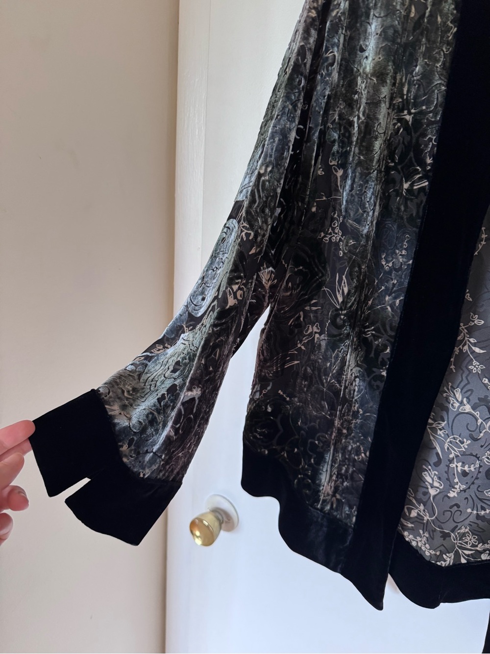Chico's Velvet Open-Front Jacket in Black and Silver Floral Print - Picture 3 of 10
